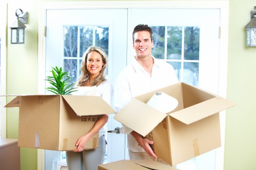 Packed office equipment ready for transport during a local move