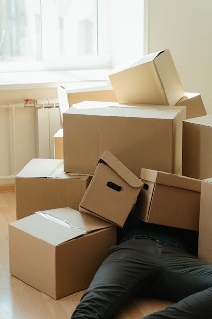 A person lying on the floor amidst a pile of cardboard boxes of various sizes, some sealed with packing tape and others open or partially collapsed. The boxes are stacked and scattered near a window with natural daylight illuminating the room. Visible are plastic handles on some boxes, indicating they are used for home relocation and furniture transport. The setting suggests an ongoing packing and loading process as part of a house move, with the person's legs outstretched behind the boxes. The scene reflects the organized chaos typical of packing for an emergency same day move, with furniture and contents prepared for transport by a professional removals service such as Harringay Movers. Equipment like packing materials, but no tools or vehicles, are visible, emphasizing the interior packing stage of the moving process.