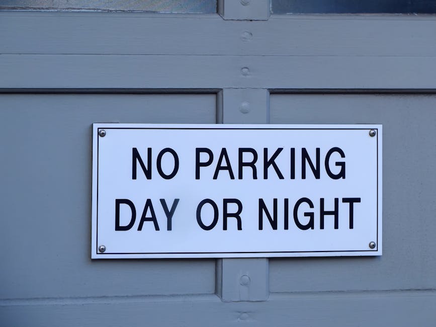 A circular no parking sign with a red border, blue background, and a red diagonal line across it, mounted on a metal pole standing on a paved sidewalk. The background features a textured stone wall ma