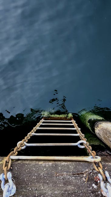A metal ladder with white rungs and beige rope side supports extending from a concrete edge into a body of water, likely used as a boat or dock access point. The ladder is secured to a wooden post on the right side, with the water showing a dark blue hue and gentle ripples. The image appears to be taken during daylight, with natural lighting illuminating the scene. This setup may be part of a home relocation process involving boats or waterfront transportation, where Harringay Movers' removals services could assist with moving equipment or furniture to or from such a location. The scene emphasizes the method of transportation access over water, relevant to relocating or transporting items in areas with limited ground access.