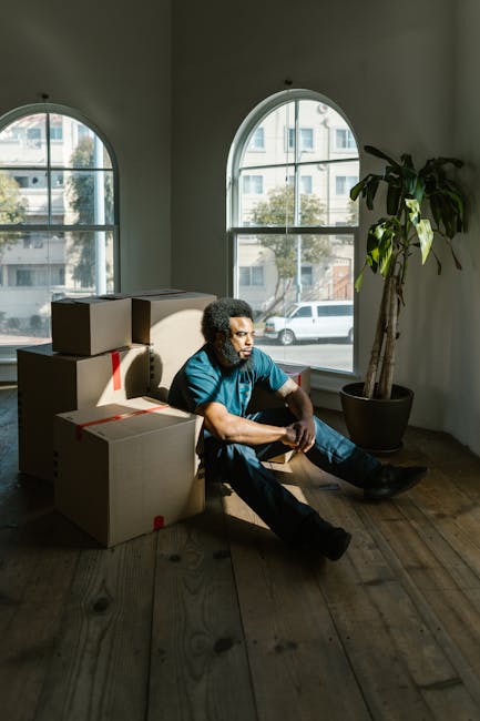 A man with curly dark hair and a beard, dressed in a teal T-shirt and dark jeans, sits on the wooden floor inside a bright room next to a stack of unpacked moving boxes made of brown cardboard, some of which are sealed with red tape, indicating a home relocation process. The room has two large, arched windows with black frames, allowing natural daylight to illuminate the space. Outside the windows, a residential street with parked cars and trees is visible. To the right of the man, there is a tall indoor potted plant with broad green leaves in a black pot. The interior features plain white walls and a wooden floor, suggesting a recent move or packing activity, consistent with professional house removals or furniture transport services offered by Harringay Movers, as indicated on the page about trusted movers in Harringay.